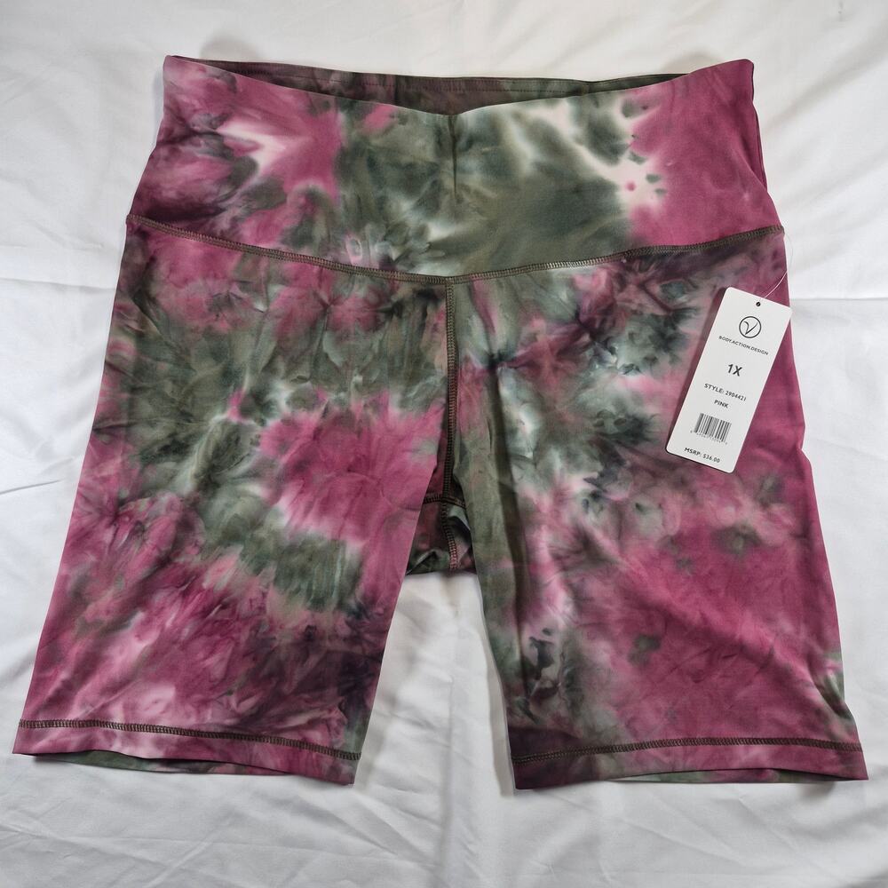 VOGO Athletica Womens 1X Pink Green Tie Dye Biker Shorts NWT High Rise Stretch